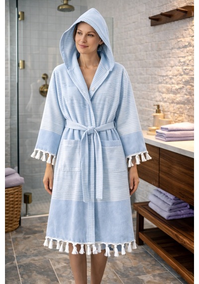 %100 Pamuk Dokuma Kapüşonlu Cepli Unisex Peştemal Pike Bornoz Ultra Yumuşak M/l/xl Beden Bebe Mavisi