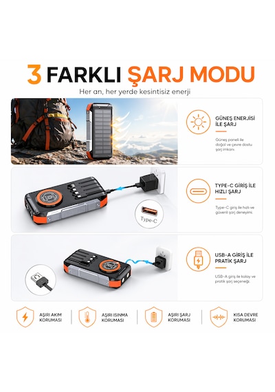 Ultratekno Fc-30 Solar Powerbank 30000 Mah 22.5w Hızlı Şarj 15w Kablosuz Şarj Güneş Panelli Led Fenerli Powerbank Siyah