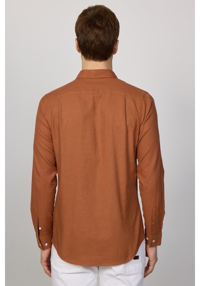 Tudors Slim Fit Uzun Kol Biyeli Yaka Düğmeli Keten Kiremit Erkek Gömlek-28748-kiremit Kiremit