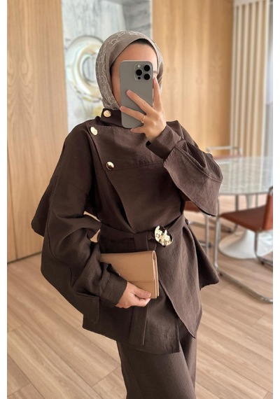 Kahijab Omuz Düğmeli Trenç Takım - Kahverengi Kahverengi