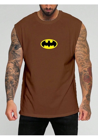 Batman Baskılı Kolsuz Tişört Kahverengi