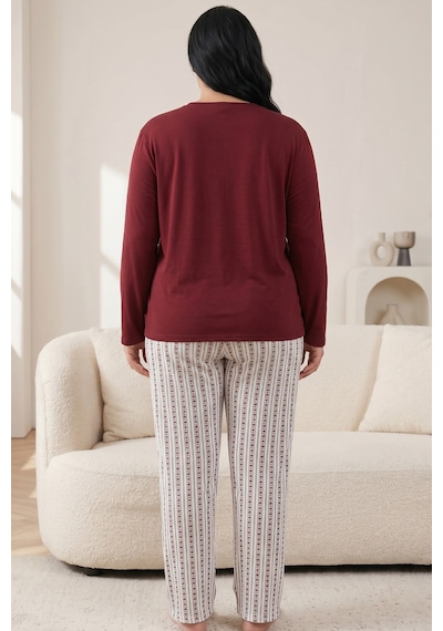 Siyah İnci Pamuklu Likralı Büyük Beden Battal Boy Örme Pijama Takım26240953 Bordo