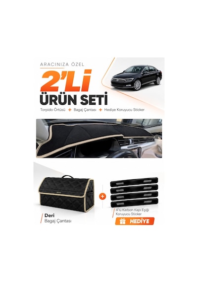 Volkswagen Passat B8 2015-2020 Uyumlu Torpido Örtüsü + Deri Bagaj Çantası + Sticker - Siyah Bej