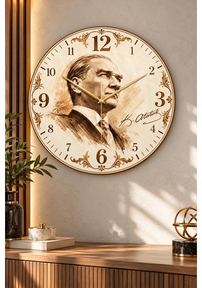 Atatürk Temalı 45 Cm Ahşap Sessiz Akar Mekanizmalı Uv Baskılı Dekoratif Duvar Saati Hediyelik 1100 Çok Renkli