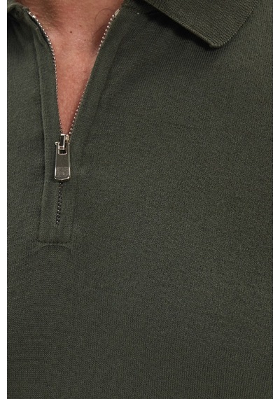Tudors Erkek Slim Fit Dar Kesim %100 Pamuk Örme Triko Fermuarlı Haki Polo Yaka Tişört-50719