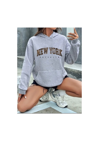Herkesemoda New York Yazı Detay Baskılı İçi Polarlı Kapüşonlu Sweatshirt Gri