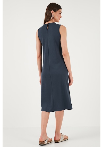 Lela Regular Fit Bisiklet Yaka Yırtmaç Detaylı Basic Midi Bayan Elbise 5866160 Füme
