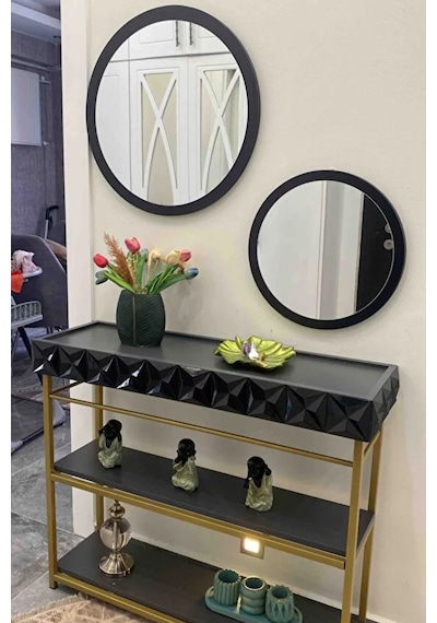 Dekoratik Yuvarlak Ayna 60 Cm Çap Antre Hol Koridor Duvar Salon Mutfak Banyo Ofis Makyaj Aynası - Siyah Siyah