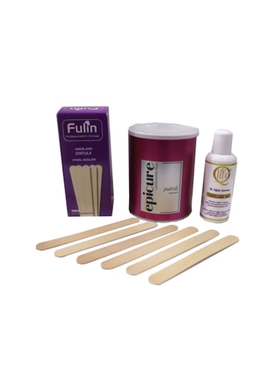 Epicure Konserve Ağda Pudralı 800 ML Bezsiz Kolay Kullanım Spatula 100'lü Ağda Sonrası125 ML Temizleme Yağı Seti