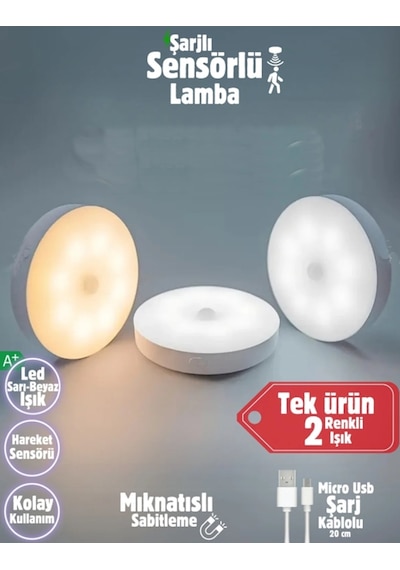 1 Adet Şarjlı Hareket Sensörlü Beyaz-günışığı Çift Renk Led Işık - Koridor-merdiven-dolap İçi Lamba