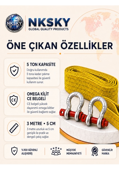 5 Ton Araç Çekme Halatı 3 Metre 5 Cm Ce Belgeli Omega Kilitli Çelik Mapalı Oto Çeki Halat Araç Kurtarma Halatı Sarı