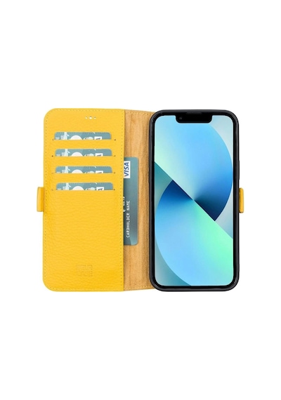 Apple iPhone 13 Pro Max Uyumlu Deri Cüzdanlı Kılıf Limon Sarı Standart
