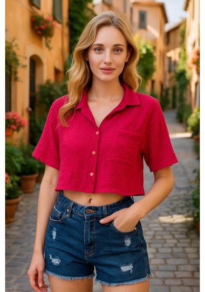 Bbbutikbasic Bürümcük Cepli Crop Gömlek Fuşya