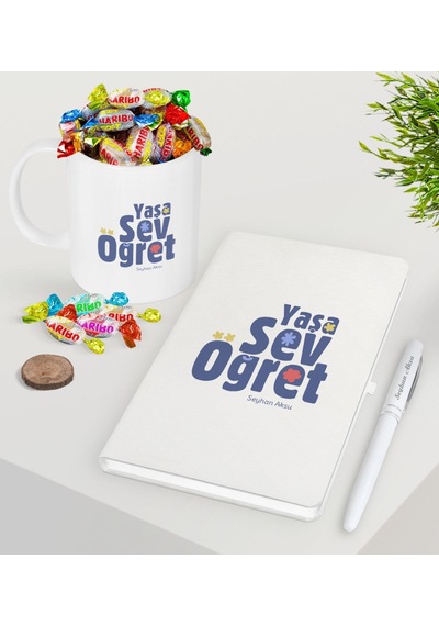 Kişiye Özel Yaşa Sev Öğret Beyaz Defter Kalem Şekerli Kupa Seti-2