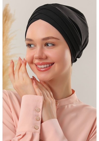 Melodi Scarf Kadın Üç Bantlı Çapraz Hazır Türban Dış Bone Siyah Taş