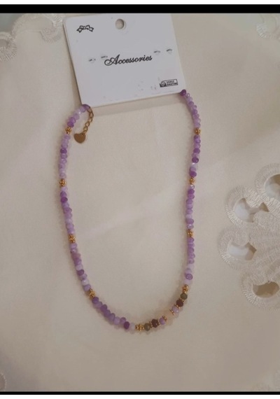 Doğal Taşlı Mor Boncuklu Kolye Mor Mor