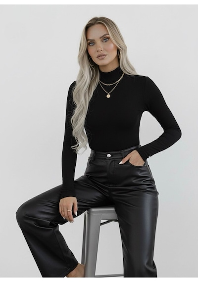 Hashtag Kadın Balıkçı Yaka Uzun Kollu Body 2'li Set Viskon Kumaş Siyah Bej