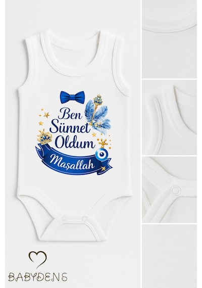 Babyden's Sünnet Kıyafeti Erkek Bebek Body Pamuk Ben Sünnet Oldum Maşallah Baskılı Zıbın Kolsuz Body Beyaz