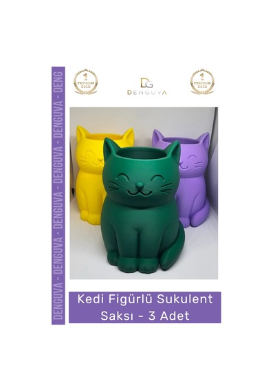 Sukulentsaksısı Dekoratif Renkli 11 Cm Home Ofis 3d Baskı Kedi Figürlü Sukulent Saksı - 3 Adet