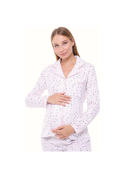 Likapa İnterlok Düğmeli Hamile Lohusa Uzun Kol Pijama Takımı 1354-01 Desenli - Pembe Biyeli
