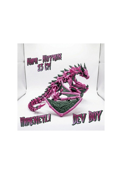 Atatug Dev Boy İpeksi Fuşya Ve Simli Yeşil Kanatlı Ejderha Figürü - 23x23 Cm 3d Baskı Hediye