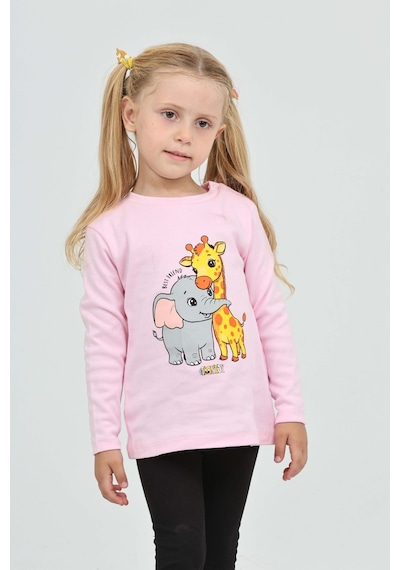 Toontoy Kız Çocuk Zürafa Fil Baskılı Sweatshirt Pembe