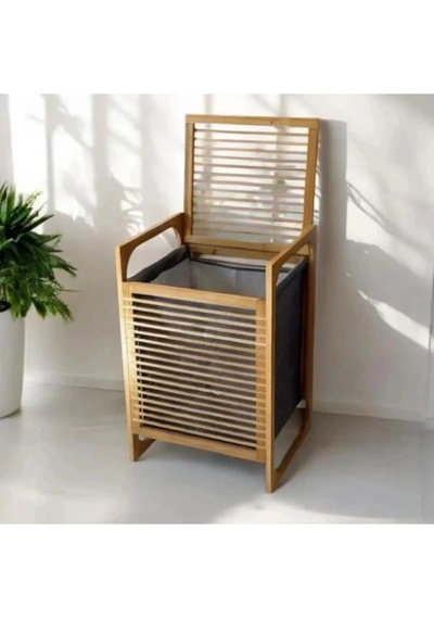 Orta Boy Ahşap Bambu Kirli Sepeti 40x35x60 Renkli
