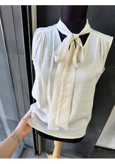Pera Moda Sıfır Kol Fularlı Modal Yazlık Kadın Gömleği Bej