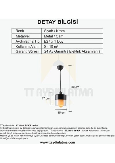 Tt201-1-Sy Tt Aydınlatma Siyah-Krom Tekli Avize