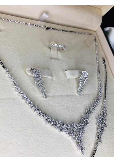 Kadın Gümüş Set - Balın Zirconia Taşlı Su Yolu Set • Işıklı Kutuda • Düğün • Nişan • Gelin Seti