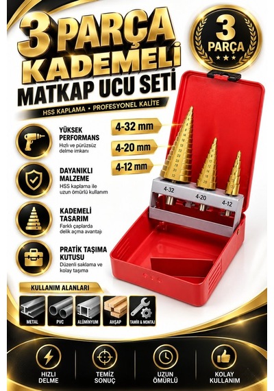 Kademeli Matkap Ucu Seti 3 Parça 4-12 4-20 4-32 Mm Hss Konik Delm