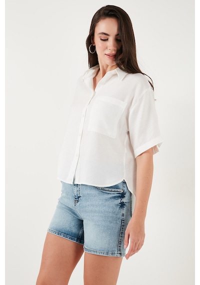 Lela Regular Fit Göğüs Cepli Kısa Kollu Bayan Gömlek 6779324 Beyaz