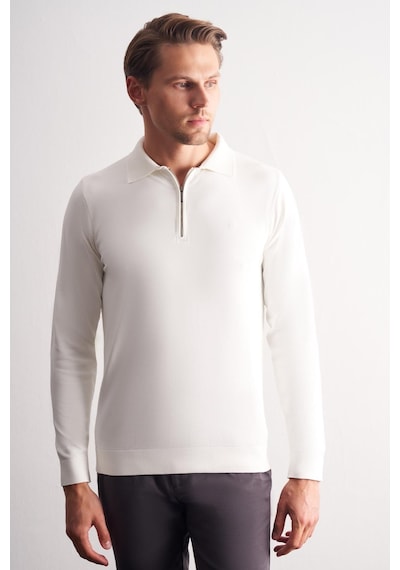 İmza Ekru Uzun Kol Fermuarlı Yaka Cepsiz Slim Fit Triko 1012255150 Ekru