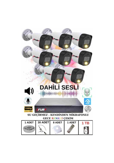 Fury 8 Li Sesli Gece Renkli Görüş Güvenlik Kamerası Su Geçirmez Güvenlik Kamerası Seti 1tb