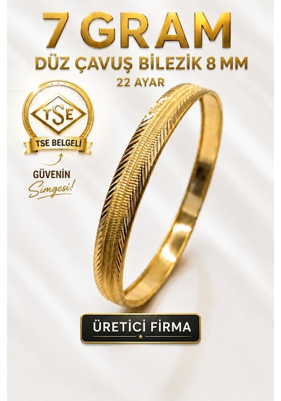 22 Ayar Tse Belgeli 7 Gram Düz Çavuş Ajda Bilezik 8 Mm Gold Altın İşçiliksiz Düğün Nişan