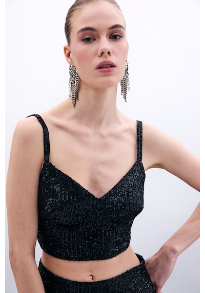 Sateen Kalın Askılı Payet Crop - Siyah-135338 Siyah