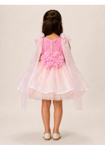 Star Kids Fashion Kız Çocuk Pembe Prenses Elbisesi Gül Detaylı Kabarık Tül Etek Omuzdan Tül Doğum Günü Özel Gün Abiye