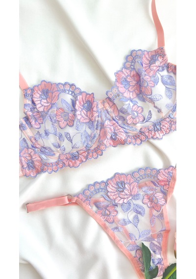 Arinda Romantic Zarif Çiçek Desenli İşlemeli Balenli Kapsız Bralette Sütyen Tanga Alt Üst İç Çamaşırı Takımı 2 Parça Somon