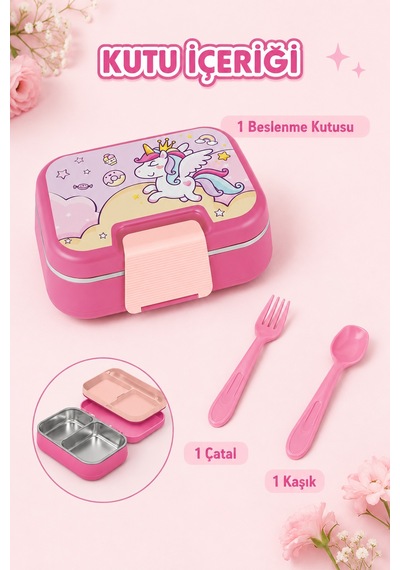 Happi Unicorn Paslanmaz Çelik Bölmeli Beslenme Kutusu 1030 Ml Çatal Kaşık Dahil Pembe