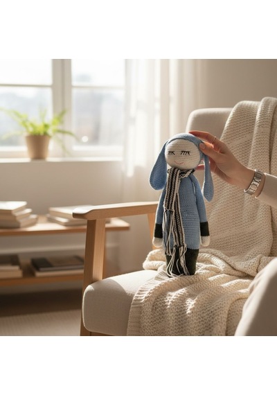 Uyuyan Oyuncak Tavşan El İşi %100 Pamuk Amigurumi Oyuncak Mavi