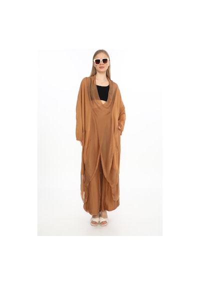 Bohem Stil Italyan Ipek Detaylı Oversize Kap Bluz- Wes Pantolon Takım-8863 Cappuccino
