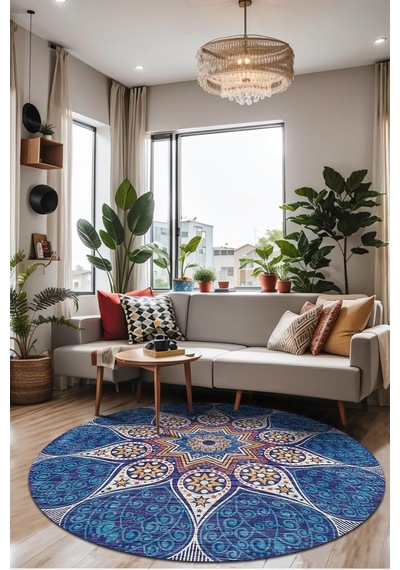 Desenli Şönil Pamuk Tabanlı Yıkanabilir Kaymaz Antibakteriyel Yuvarlak Salon Halısı 160x160 Çok Renkli