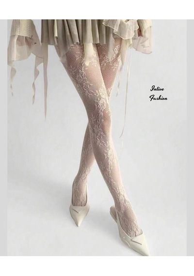 Intive Fashion Lovely Flower Krem Rengi Çapraz Çiçek Desenli Modern Fileli Külotlu Çorap