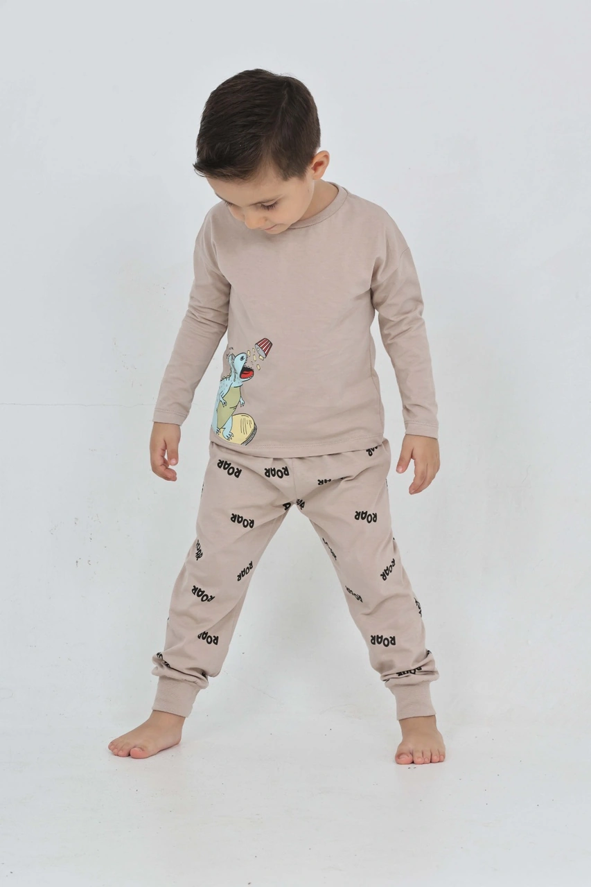 Toontoy Kids Toontoy Erkek Çocuk Roar Baskılı Pijama Takım Bej