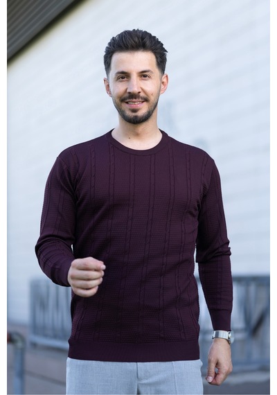 Hk Premium Bisiklet Yaka Örgü Desenli Slim Fit Triko Kazak Bordo