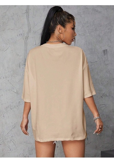 Basic Düz T-shirt - Bej Oversize Bisiklet Yaka Kısa Kol Bej