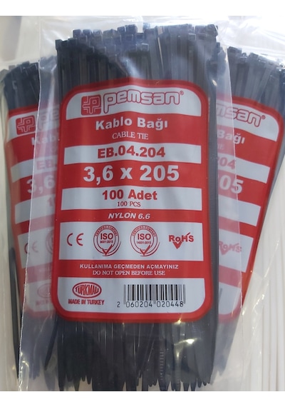 Pemsan 3.6X205 Plastik Cırt Kelepçe Kablo Bağı Siyah 100'Lu Paket