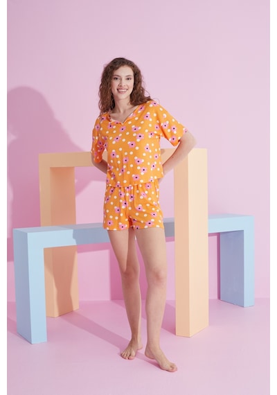 Siyah İnci Likralı Örme T-shirt-şort Pijama Takım Turuncu Puan