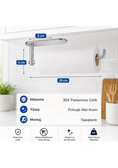 Premium Mat Krom Solo Havlu Askısı, Yapışkanlı Dolap Altı Kağıt Havluluk, Paslanmaz Çelik Mutfak Havlu Ve Kağ Diğer