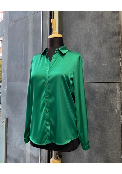 Pera Moda Büyük Beden İpek Saten Klasik Gömlek Benetton Yeşili